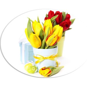 PVC Schuimplaat Ovaal - Tulpen - Bloemen - Paasei - Strikje - Cadeautje - Bloempot - 56x42 cm Foto op Ovaal (Met Ophangsysteem)