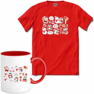 Kerst pinguin buddy's - T-Shirt met mok - Meisjes - Rood - Maat 12 jaar