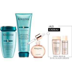 Kérastase Résistance & Gloss Absolu Trio + Cadeau - Herstellende Shampoo 250 ml, Conditioner 200ml & Anti-frizz Glaze Drops Olie 45 ml + Gloss Absolu Shampoo 30ml & Haarolie 15ml Cadeau - Voor Glans En Herstel Van Beschadigd Haar