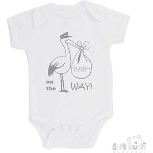 100% katoenen Romper Aankondiging Zwangerschap ""Baby on the way""! 2.0"" Ooievaar Unisex Katoen Wit/grijs Maat 56/62