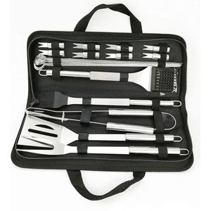 RVS BBQ Grill Tool Kit 20 STKS + Draagtas Set - Tang Rijgborstel Spatel Reinigingsborstel Vleesvork - Picknick Camping Koken Grillen - Accessoires voor Barbecue