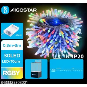 Aigostar - LED Kerstslinger - 30 LEDS - 2700K - RGB lampjes - 3 meter - IP44 - 3x AAA batterij