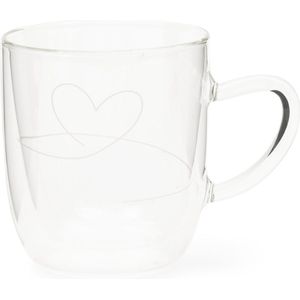 Riviera Maison dubbelwandig koffieglas, Theeglas met hartje - With Love Double Wall Glass - Transparant - Glas - Maat M -345 ml