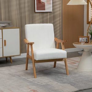 Moderne Loungestoel met Armleuningen, Veloursachtige Loungestoel, Scandinavische Relaxstoel, Stoel met Armleuningen, Rubberhout, Crème, 68 x 74 x 82 cm