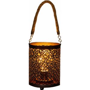 LED sfeer lantaarn/lamp zwart/goud met timer B12 x H16 cm - Woondecoratie/kerstversiering sfeerverlichting