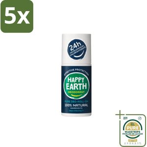 5 x Happy Earth – Deodorant Roll-On – 100% Natuurlijk Men Protect – 75 ml - Grootverpakking - Natuurlijke Deodorant - Mannen Deodorant - Roll-on Deodorant - Geurbeheersing - Huidvriendelijk Deodorant
