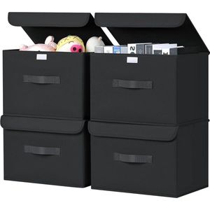 Opvouwbare Stoffen Opbergdozen Met Deksel - 4 Stuks - Kledingkast Organizer - Zwart