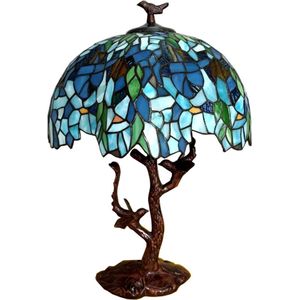 Tiffany Tafellamp Ø 42*49 cm E27/max 2*60W Blauw Kunststof, Glas Bloemen Tiffany Bureaulamp