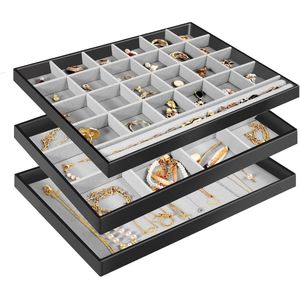 Sieradendienblad, stapelbaar, fluwelen sieradenlade, organizer voor dressoir, garderobe, sieradenorganizer, opbergdoos voor oorbellen, armbanden, ringen, vrouwen, meisjes, set van 3, zwart