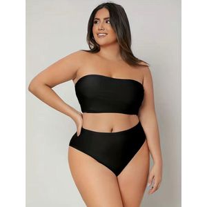 Gote maten sexy bikini set- Dames effen tubetop en broekje- 2-delig badpak, zwempak bikini set 311- Zwart- Maat 3XL