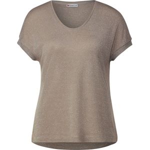 Street One LTD QR v-neck shiny Dames T-shirt - safari beige - Maat 46