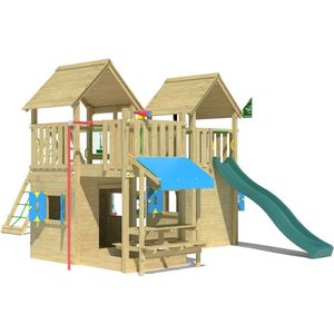 Jungle Gym speeltoestel van grenen hout - Jungle Titan met gele glijbaan - Tuin speeltoestel voor buiten met zandbak, schommels en speelhuisje