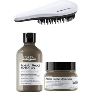 L`Oreal Professionnel - Absolut Repair Molecular Set - Shampoo + Masker + KG Ontwarborstel - Beschadigd Haar Pakket - 300 + 250ML