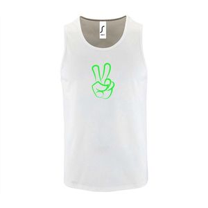 Witte Tanktop sportshirt met ""Peace / Vrede teken"" Print Neon Groen Size M