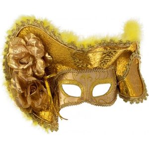Luxe oogmasker Venetie goud met hoed - Carnaval thema feest party optocht festival Italie