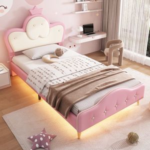Sweiko Gestoffeerd bed, kinderbed, Roze meisjes prinsessenbed, met zachte beschermende randen, monochrome LED-strip, hoofdbord met kroon, metalen bedpoten, golfvorm met trekpunt aan het hoofdeinde van het bed, eenpersoonsbed, PU, roze+wit, 90x200cm