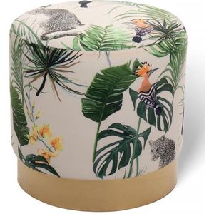 LIFA LIVING Poef Beau - Toekan Print - Crème & Goud - Jungle - Rond - Velvet & Metaal - Functioneel - Comfortabel - Ø 38 x 38 cm