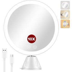 10 x vergrotende make-upspiegel met LED lampen, draagbare badkamerspiegel, zuignap, 360 graden draaibaar, wit