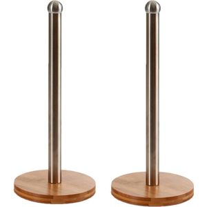 2x stuks bamboe houten keukenrolhouders rond 15 x 33 cm - Keukenpapier/keukenrol houders van hout