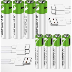 AA + AAA Batterijen USB Oplaadbaar 1,5 Volt (2600 + 750 mWh) met USB Type-C Kabels opladen - Duurzame Keuze - Lithium AA + AAA batterijen - 8 stuks