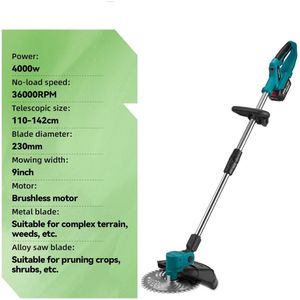 Handmaaier - Grasmaaier - Grastrimmer - Grasschaar - Grasmachine - 4000W - 9 Inch - Elektrische/Accu - Borstelloze Grastrimmer met Digitaal Display – Krachtige Accu Tuinmaaier - 21V/18V Compatibel - Zonder Batterij