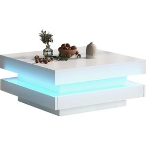 Merax Moderne Salontafel met LED Verlichting - Hoogglans Tafel - Vierkant - Wit