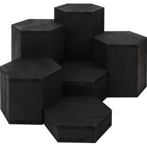 Set van 6 zwarte zeshoekige decoratieve zuil, houten platform, houten displays, vintage decoratief houten blok voor planken en werkbladen, sokkel voor sculpturen, sieraden, figuren