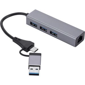 2-IN-1 USB 3.0 + USB-C naar Ethernet Adapter - Koppelstuk - 10/100/1000 MBps - Netwerk RJ45 Internet Adapter met 3x USB 3.0 - Geschikt voor o.a. Macbook, Laptop en Telefoon - Grijs - Provium