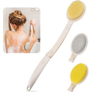 Badborstel - 3-in-1 opvouwbare body-scrubber met lange steel en borstelspons Puimkop voor douchen - scrubben of borstelen met droge huid - Terug scrub-tool - Lichaamsborstel - Huidborstel - Doucheborstel - Rugborstel - Rug Scrubber - wit