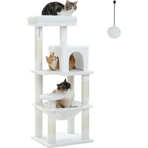 One stop shop - Luxe Krabpaal 116 cm hoog - middelgrote katten klimboom - Met 4 ligvlakken en holten - Met Hangmat - Comfortabel - zacht en stabiel - Wit