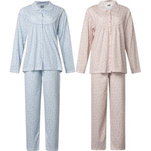 Lunatex - 2 klassieke dames pyjama's 124245 - 100% katoen - blauw en roze - maat L