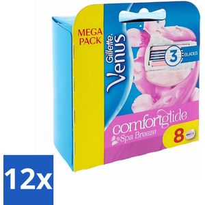 12 x Gillette - Venus Comfortglide - Spa Breeze - Verzachtend en hydraterend - 8 Navulscheermesjes - Scheermesjes - Scheermesjes Voor Vrouwen - Venus Comfortglide - Gladde Huid - Scheergel