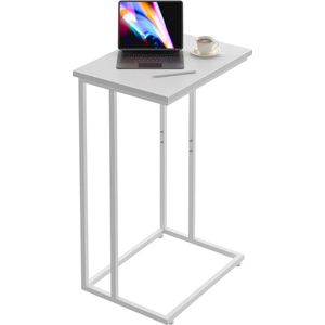 Brede C-bijzettafel, C-salontafel met metalen frame, kleine snack-bijzettafel voor bank en bed, retro laptop C-tafel, woonkamer en slaapkamer, industriële stijl, wit