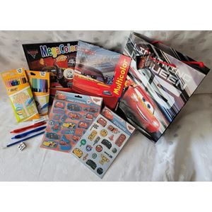 LIBOZA - CARS - speel/vakantiepakket - Met cadeautas - Kleurboeken - Stickervellen - Foam stickers - Stiften - Kleurpotloden - pennen - Potlood - Gum - Puntenslijper - Verjaardag - Vakantie - Opa Oma cadeau