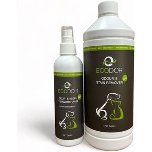 Ecodor - Geur- & Vlekverwijderaar - 250 ml + 1 liter navul - Voordeel Pakket - Tegen de geur en vlekken van braaksel/overgeefsel/kots, ontlasting, urine, bloed, zweet en overige organische vlekken - niet geparfumeerd - Ecologisch - Vegan