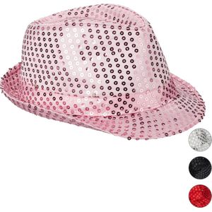 Relaxdays pailletten hoed - feesthoed glitter - partyhoed LED - fedora hoed - glitters - roze