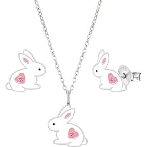 Cadeau voor meisjes | Zilveren oorbellen | Set van zilveren ketting en oorstekers, konijn met roze hartje met kristal