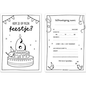 Uitnodigingen kinderfeestje 6 jaar | 10x A5 formaat, in te kleuren | Kom je op mijn feestje? | Thuismusje