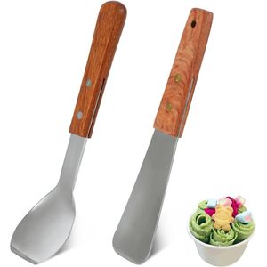 2-delige - ijsschep met houten handvat - roestvrijstalen dessert schep en botersnijder - essentieel keukengereedschap - perfecte platte metalen ijsschep voor thuisgebruik