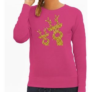Bellatio Decorations kersttrui / sweater - dames - gouden rendieren - roze - glitter goud - kerstborrel kleding XL