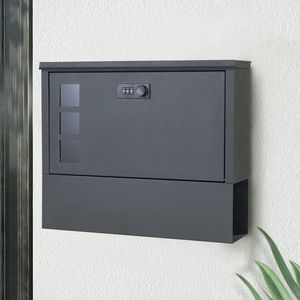 Letterbox with Combination Lock - Black Stainless Steel Newspaper Compartment - Modern Mailbox with Viewing Window Lockable