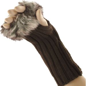 Vingerloze handschoenen mofjes van acryl kleur bruin met bont rand