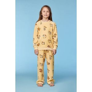 Woody pyjama meisjes/dames velours - geel - katten all-overprint - 252-10-PDV-V/920 - maat 140