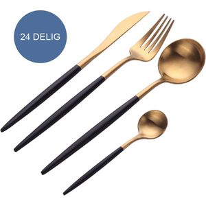 Krumble Bestekset 24 delig - 6 personen - Bestek bestaat uit een mes, vork, eetlepel en dessertlepel - Bestek set halfmat - Dinermes - Tafellepel - RVS - Goud en zwart