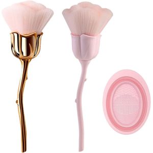 2 Flower Makeup Brushes - 1 Silicon Cleaning Bowl - Gouden en Roze Poederborstels