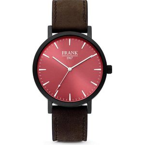 Frank 1967 7FW-0010 - Metalen horloge met lederen band - rood en donkerbruin -Doorsnee 42 mm