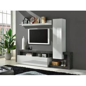 TV-wand SEFRO met opbergruimte - Witgelakt en betonkleur L 219 cm x H 200 cm x D 35 cm