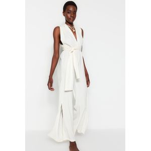 Trendyol Bruine Saksische Geweven Rugloze Strandjumpsuit Met Knoopjes Tbess23Tu00010