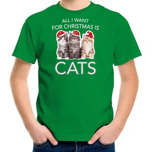 Kitten Kerstshirt / Kerst t-shirt All i want for Christmas is cats groen voor kinderen - Kerstkleding / Christmas outfit 116/134
