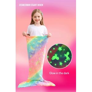 Zeemeermin staart deken regenboog kleuren voor meisjes 100L x 50B cm | Glow in the dark warme fleece deken voor kinderen, zeemeermindeken, lekker zacht voor op de bank/bed | geschikt voor alle seizoenen | cadeau voor kinderen/meisje | groen/roze/lila